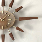 Manley Starburst Wall Clock – 1960s British Teak Walnut Brass Faux Marble Face 19 Inch Quartz