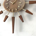 Manley Starburst Wall Clock – 1960s British Teak Walnut Brass Faux Marble Face 19 Inch Quartz