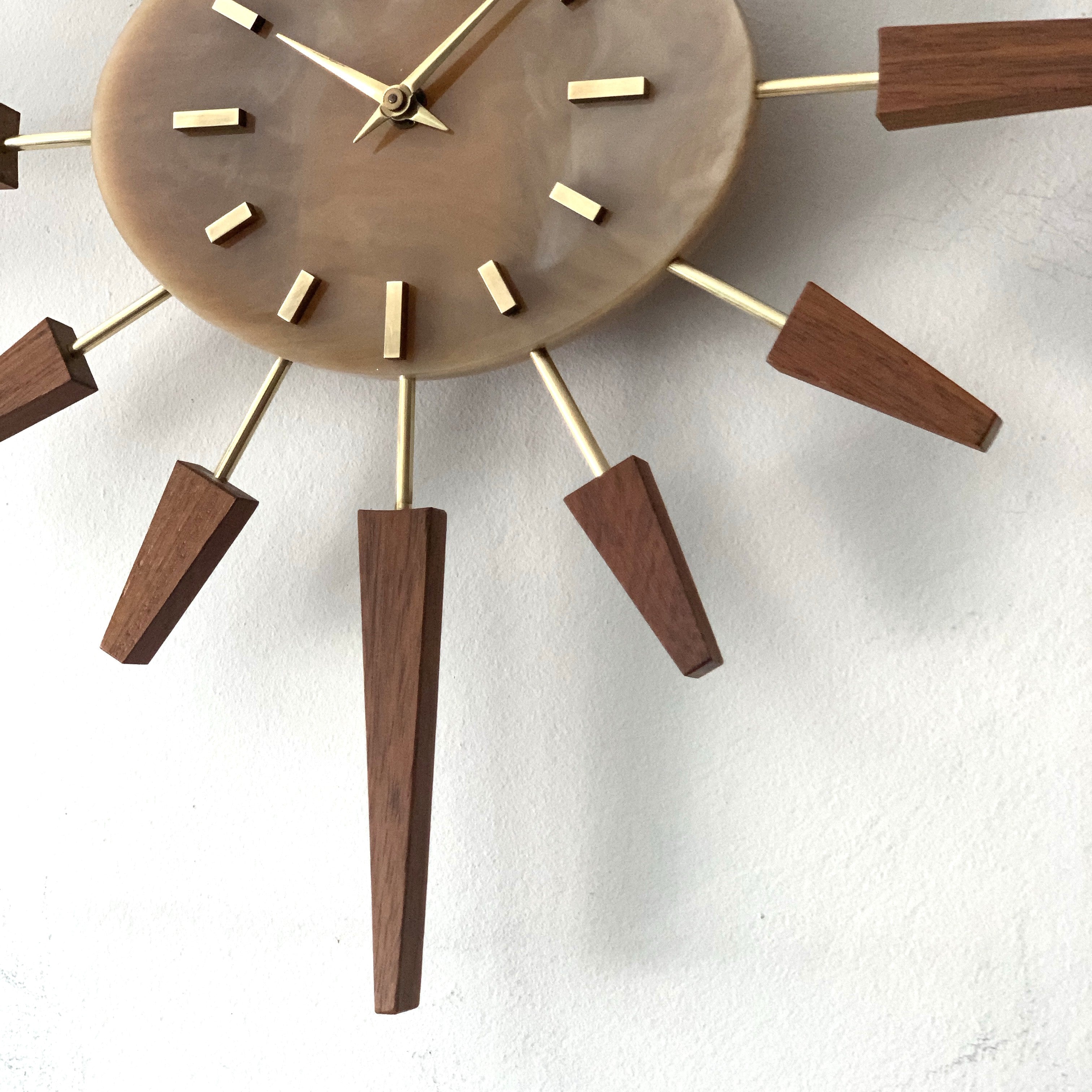 Manley Starburst Wall Clock – 1960s British Teak Walnut Brass Faux Marble Face 19 Inch Quartz