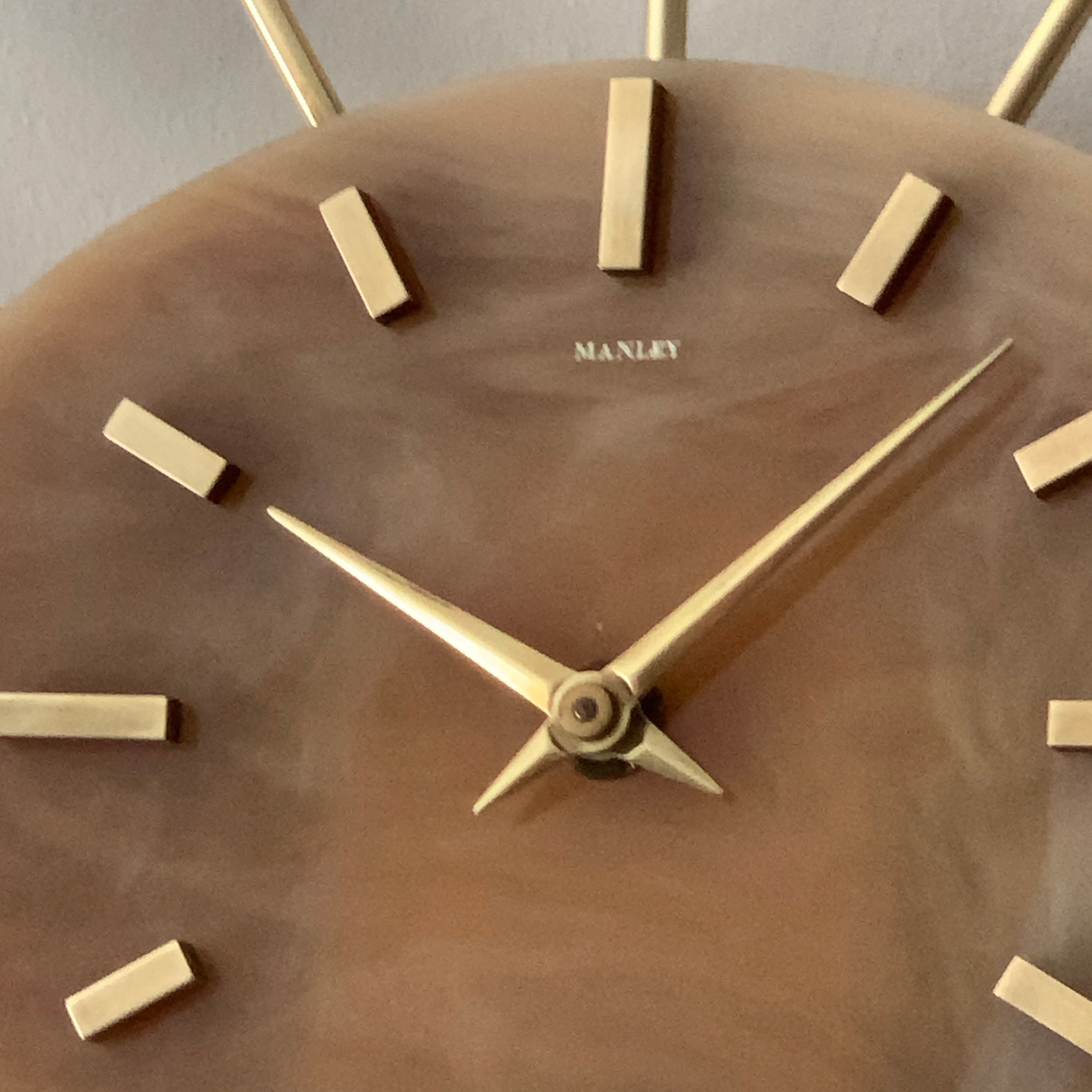 Manley Starburst Wall Clock – 1960s British Teak Walnut Brass Faux Marble Face 19 Inch Quartz