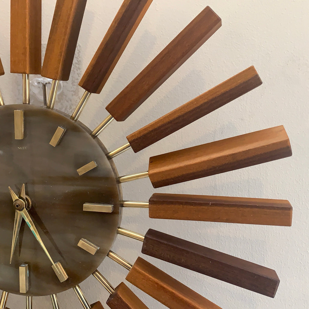 1960s Manley Teak Walnut Starburst Clock, 24 Spoke Atomic Design