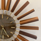 1960s Manley Teak Walnut Starburst Clock, 24 Spoke Atomic Design