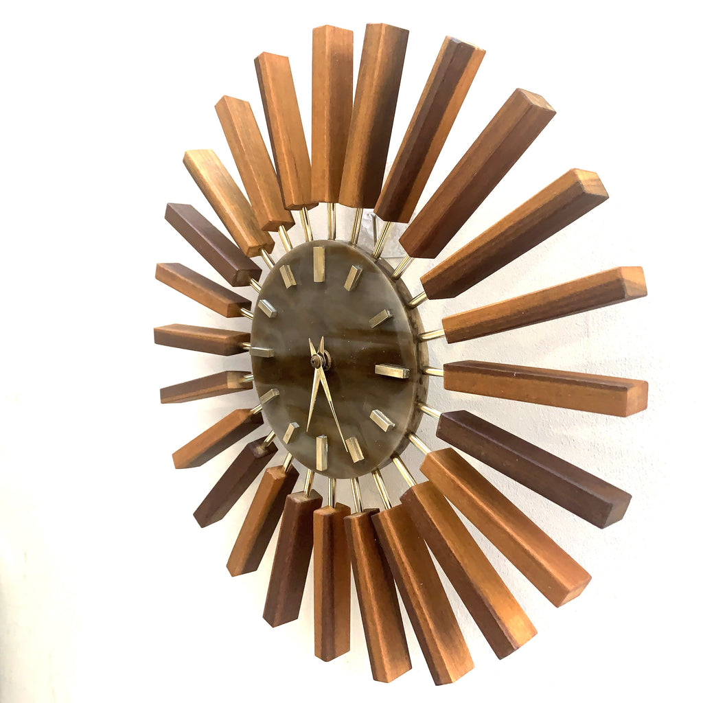 1960s Manley Teak Walnut Starburst Clock, 24 Spoke Atomic Design