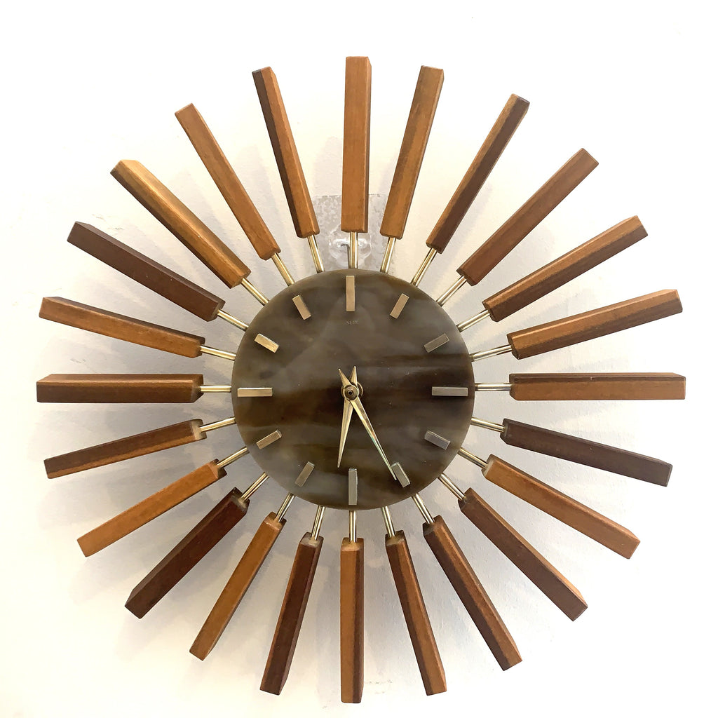 1960s Manley Teak Walnut Starburst Clock, 24 Spoke Atomic Design