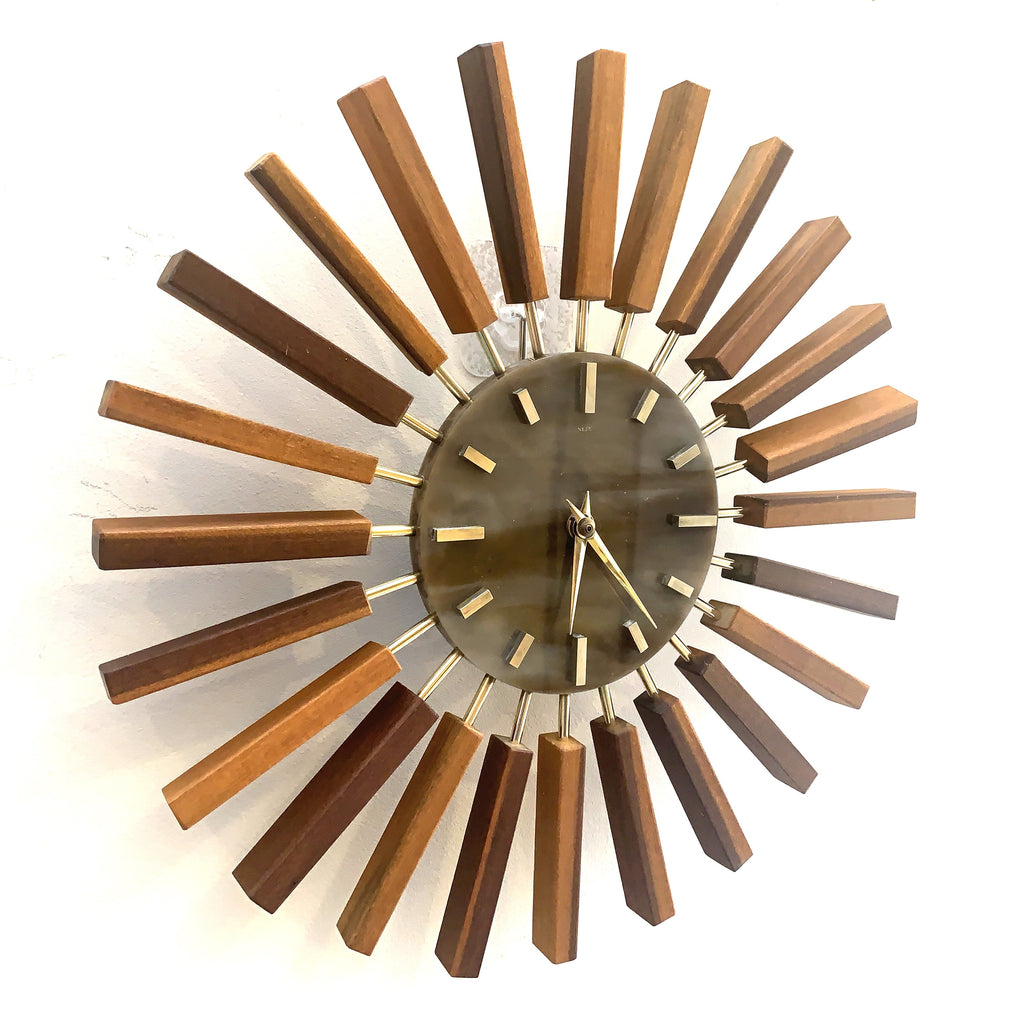 1960s Manley Teak Walnut Starburst Clock, 24 Spoke Atomic Design