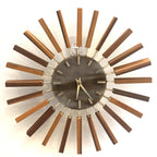 1960s Manley Teak Walnut Starburst Clock, 24 Spoke Atomic Design