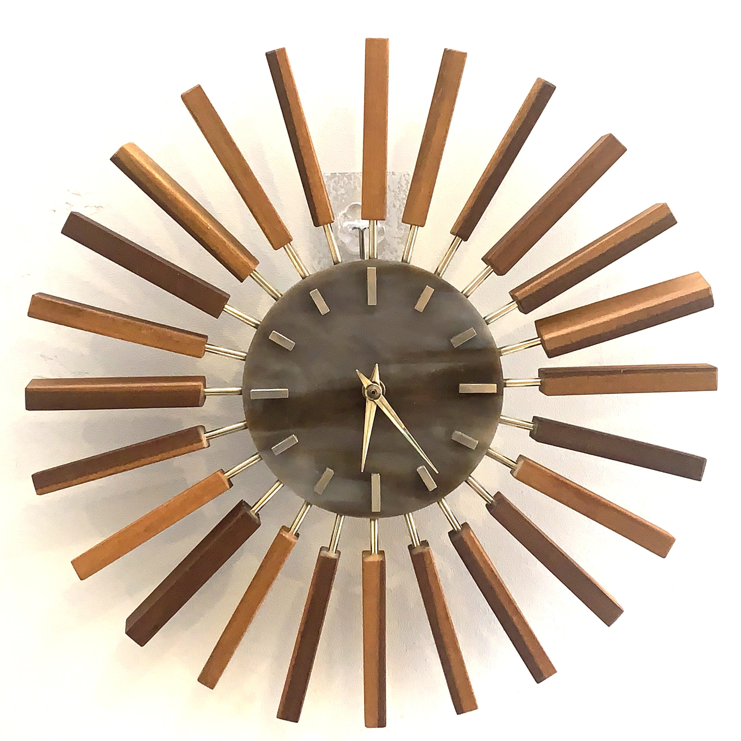 1960s Manley Teak Walnut Starburst Clock, 24 Spoke Atomic Design