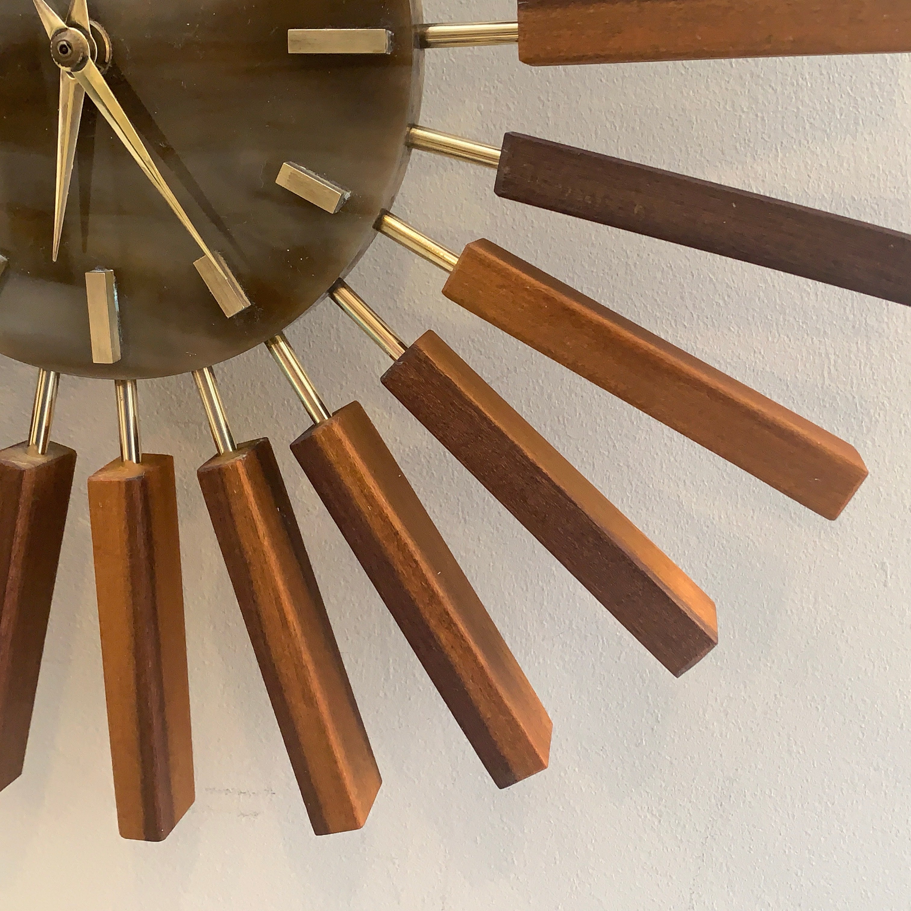 1960s Manley Teak Walnut Starburst Clock, 24 Spoke Atomic Design