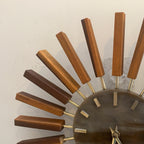 1960s Manley Teak Walnut Starburst Clock, 24 Spoke Atomic Design