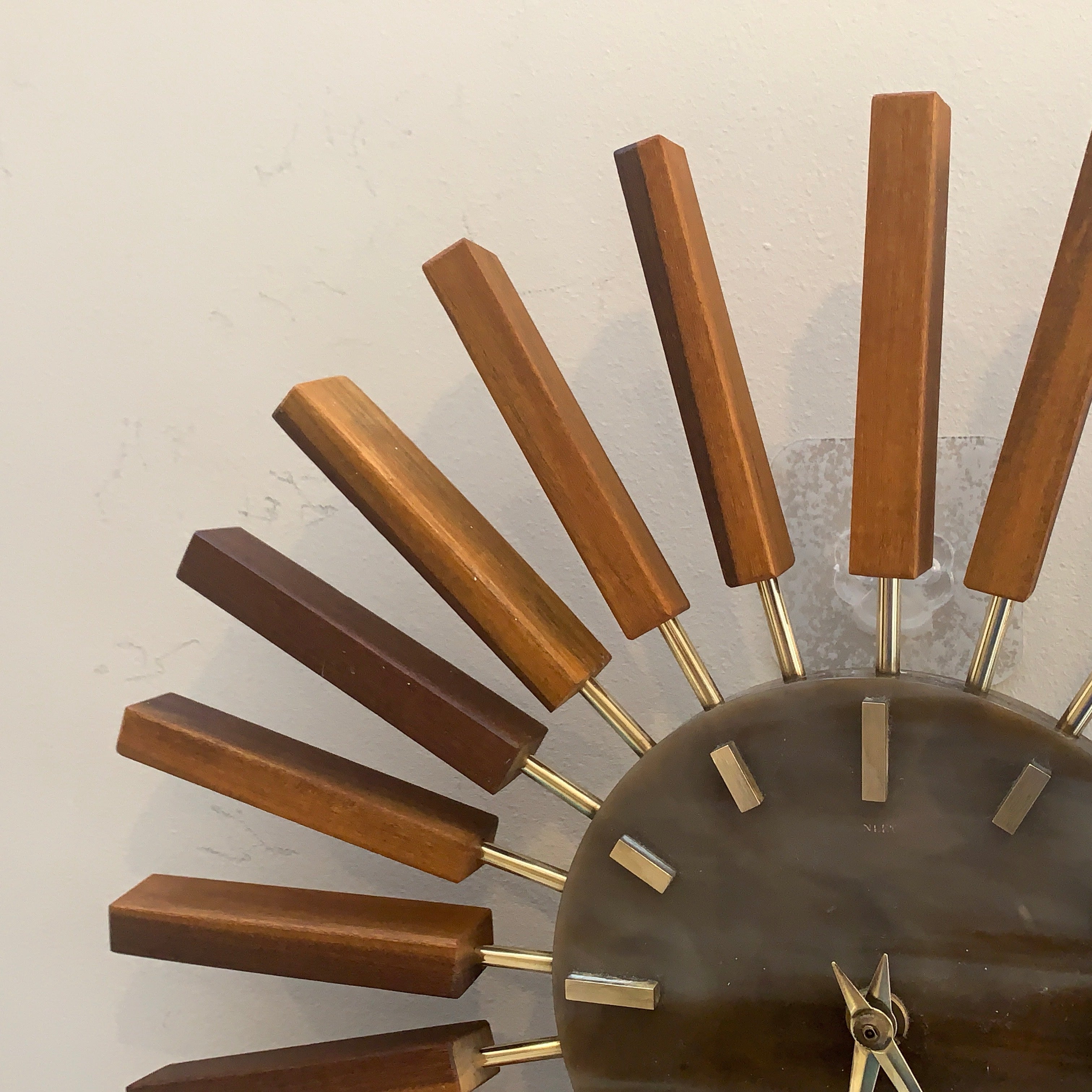 1960s Manley Teak Walnut Starburst Clock, 24 Spoke Atomic Design