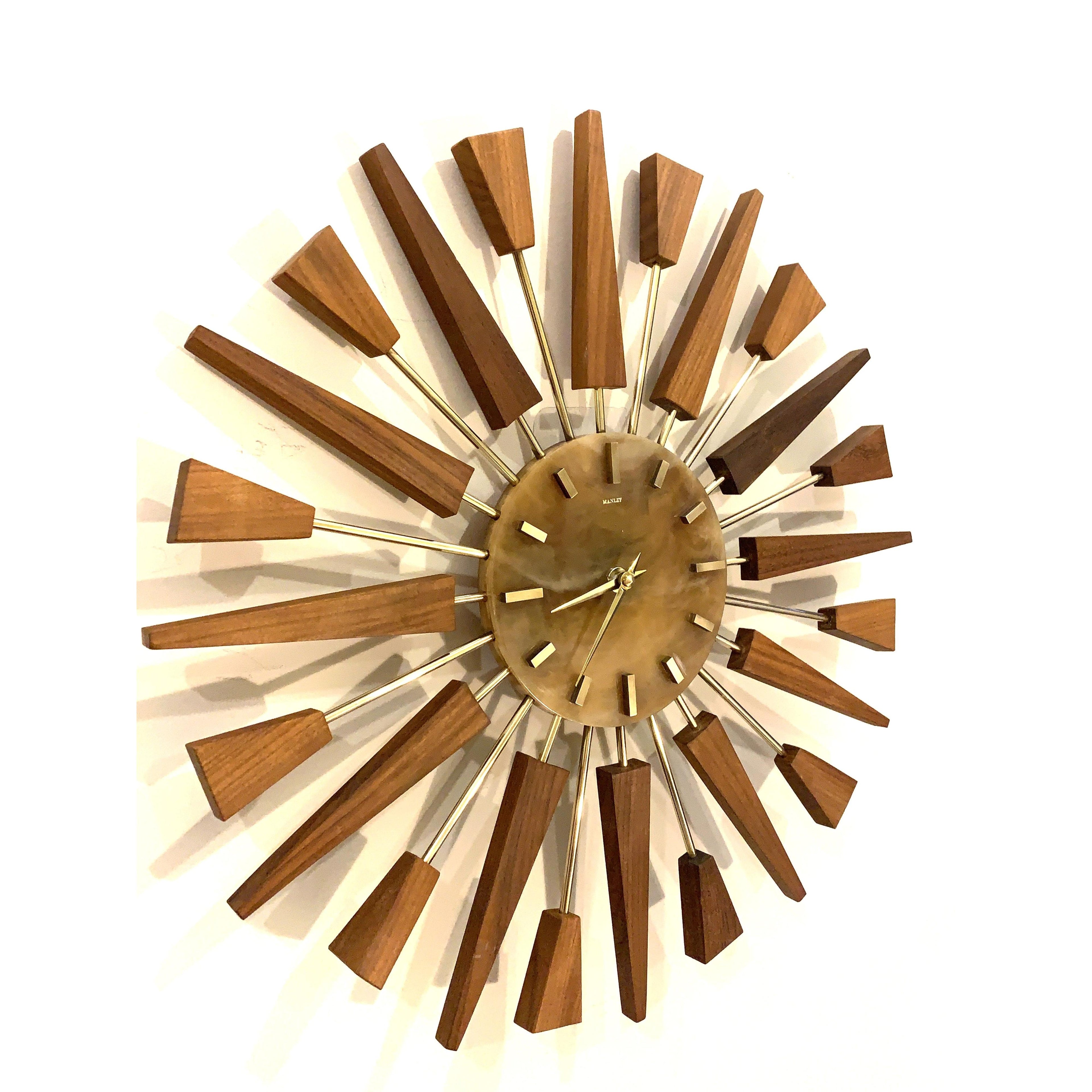 1960s Manley Starburst Clock, Walnut Brass Spokes, Faux Onyx Dial, Mid Century