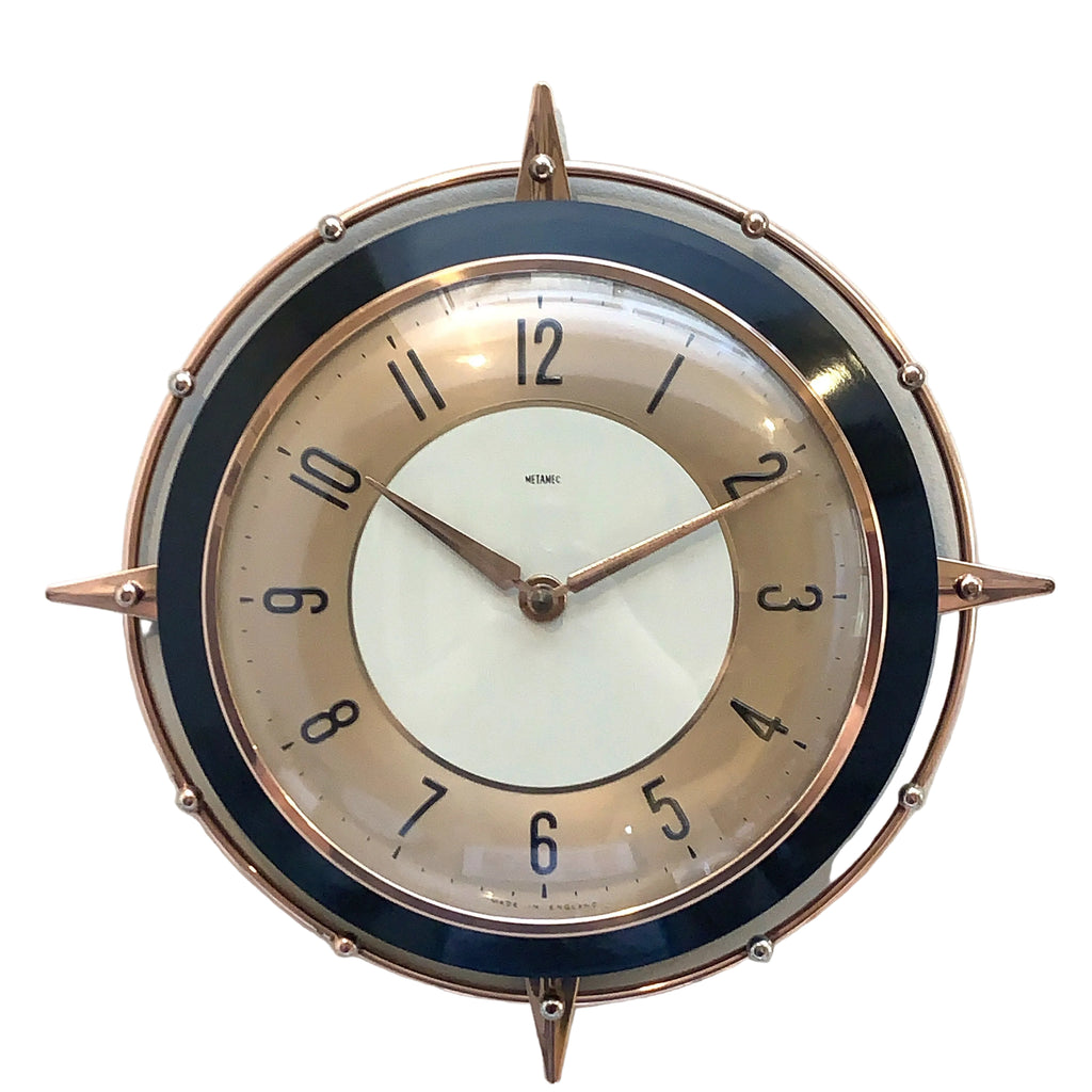 Metamec 5859 Starburst Wall Clock — Copper & Black Bakelite, 1960s, Kienzle Quartz