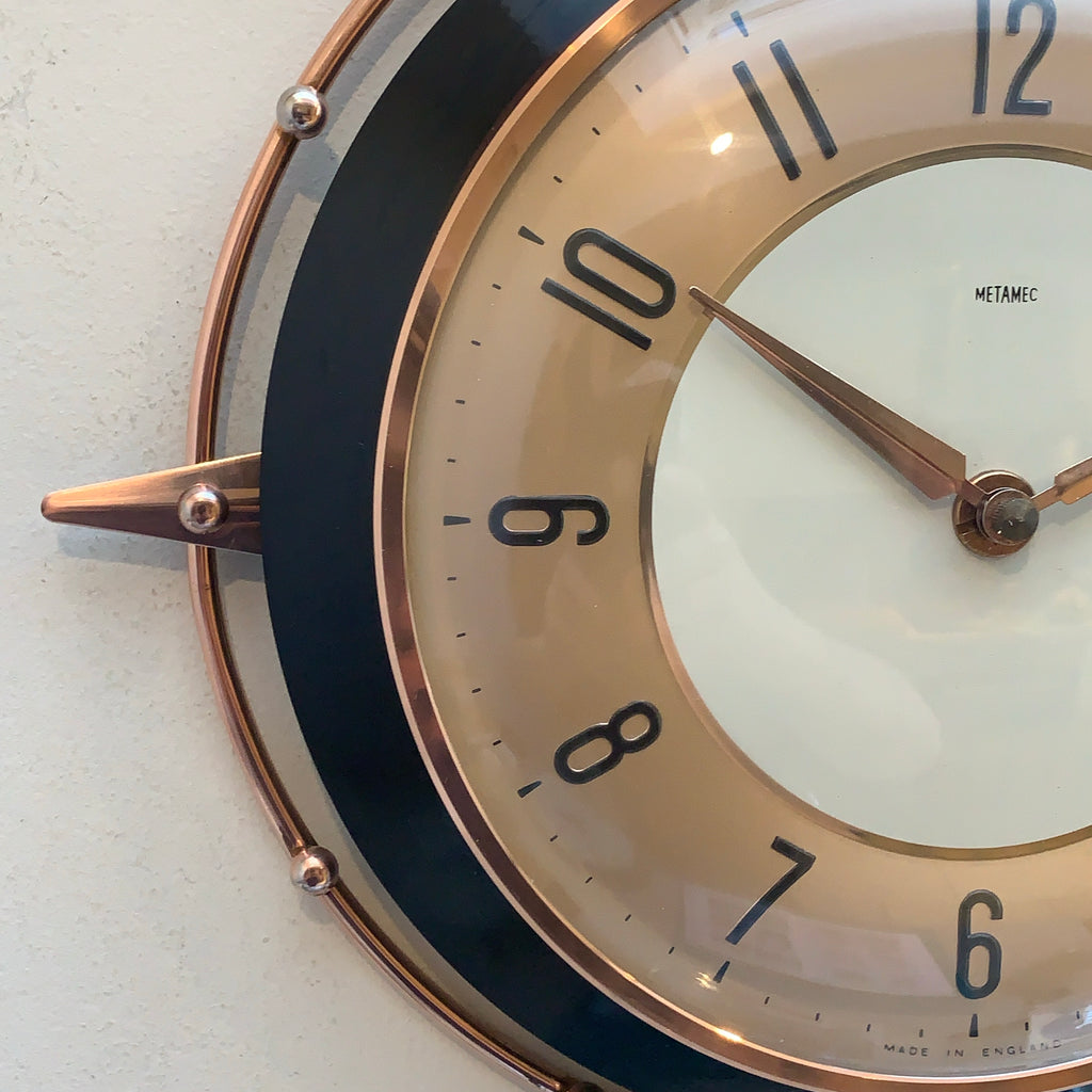 Metamec 5859 Starburst Wall Clock — Copper & Black Bakelite, 1960s, Kienzle Quartz