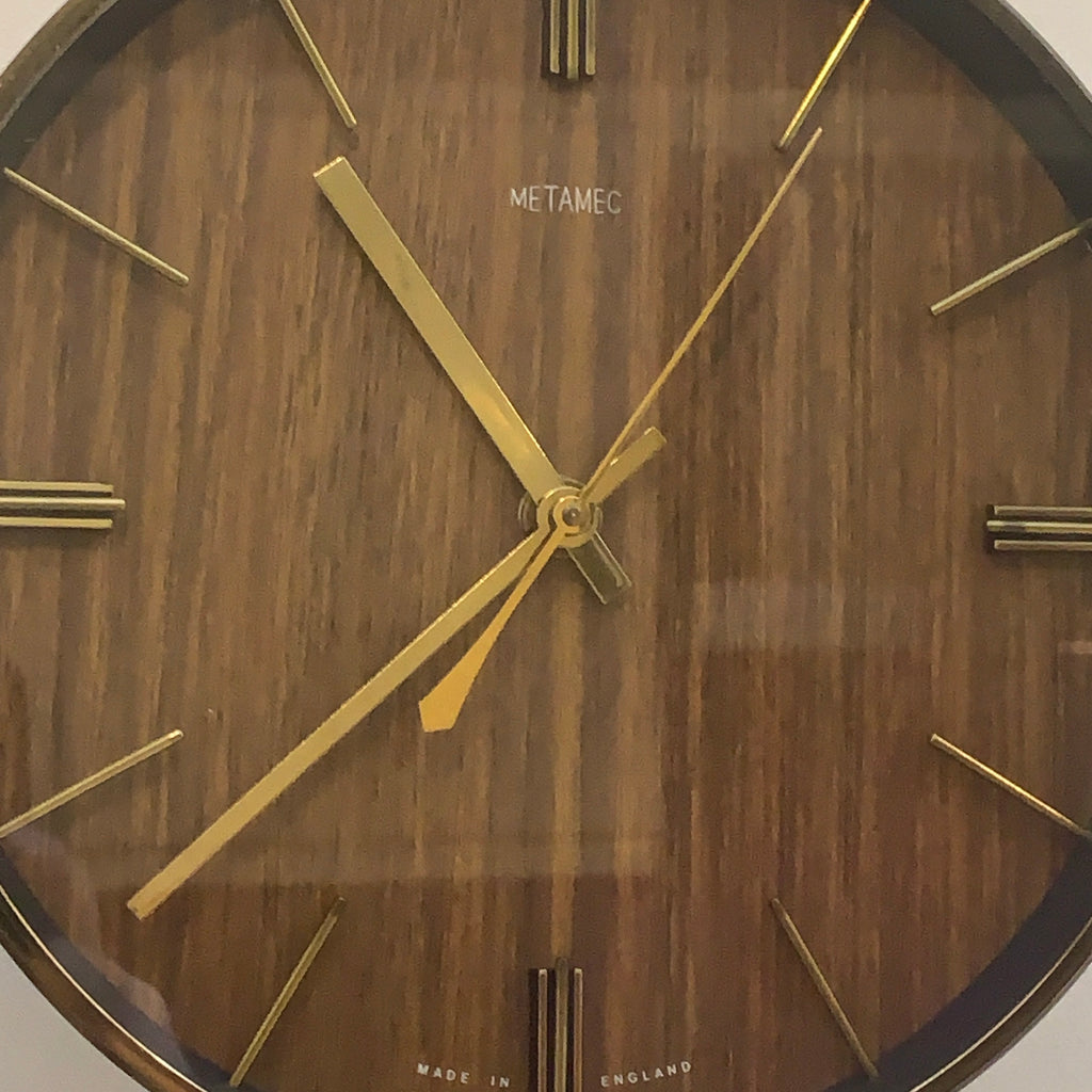 1970s Metamec Faux Teak Wall Clock, Brass Bezel, Minimalist Design, 20.5cm