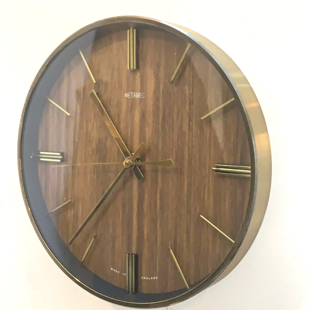 1970s Metamec Faux Teak Wall Clock, Brass Bezel, Minimalist Design, 20.5cm