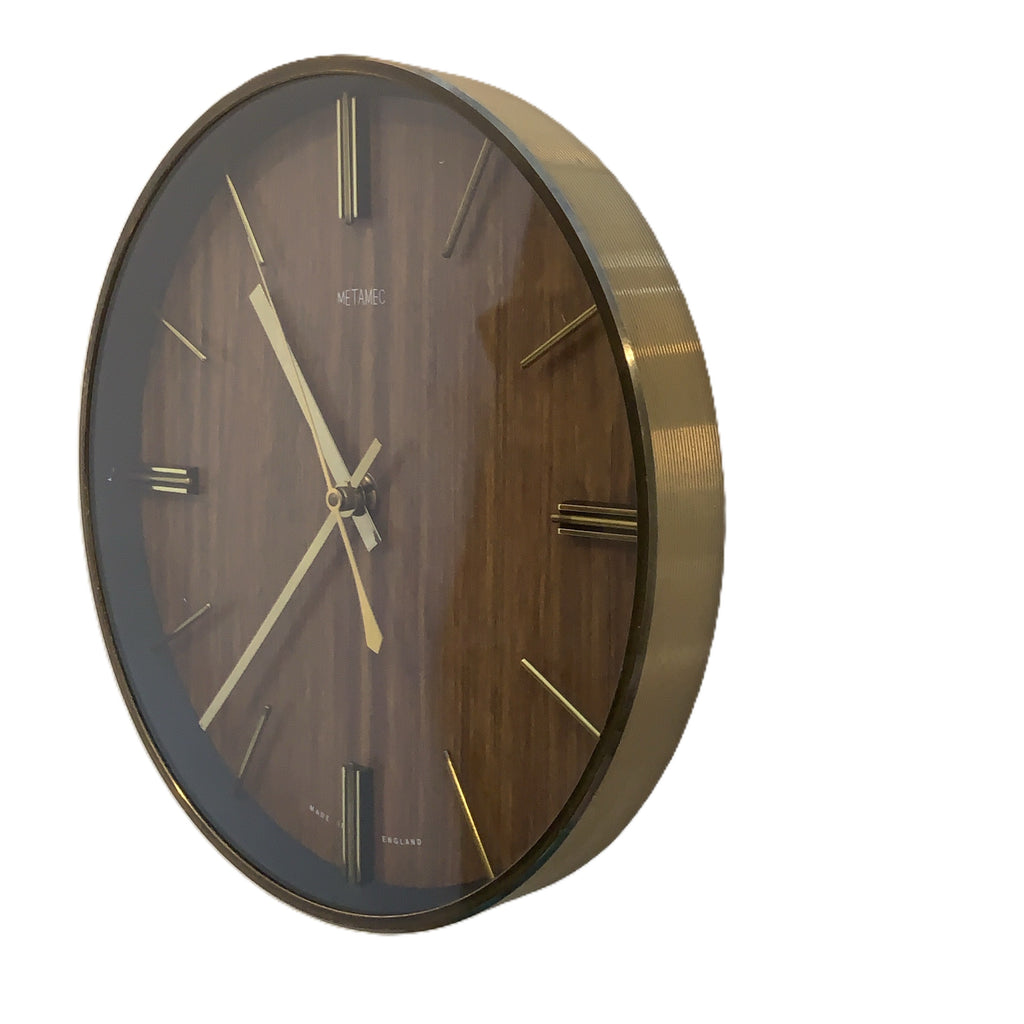 1970s Metamec Faux Teak Wall Clock, Brass Bezel, Minimalist Design, 20.5cm