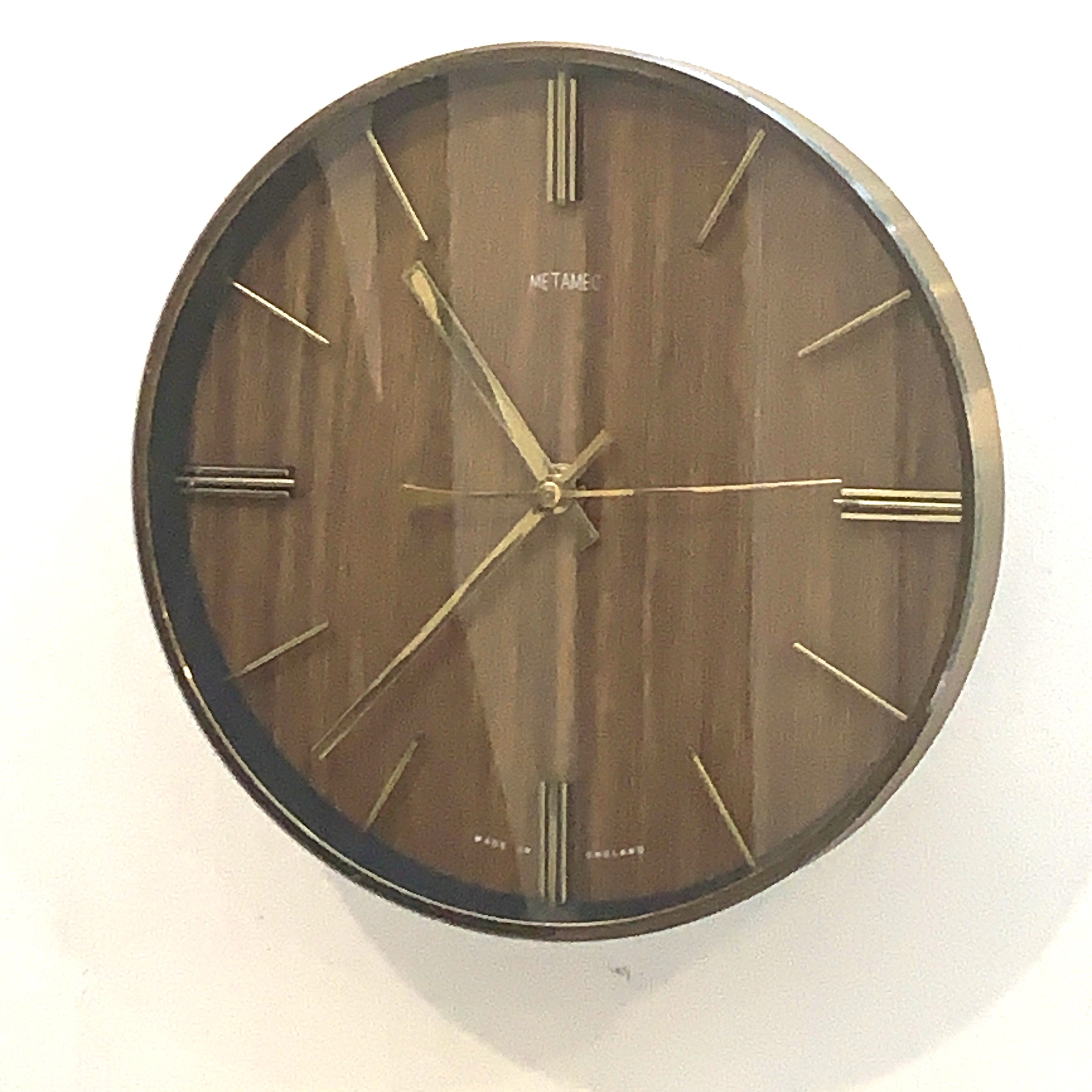 1970s Metamec Faux Teak Wall Clock, Brass Bezel, Minimalist Design, 20.5cm