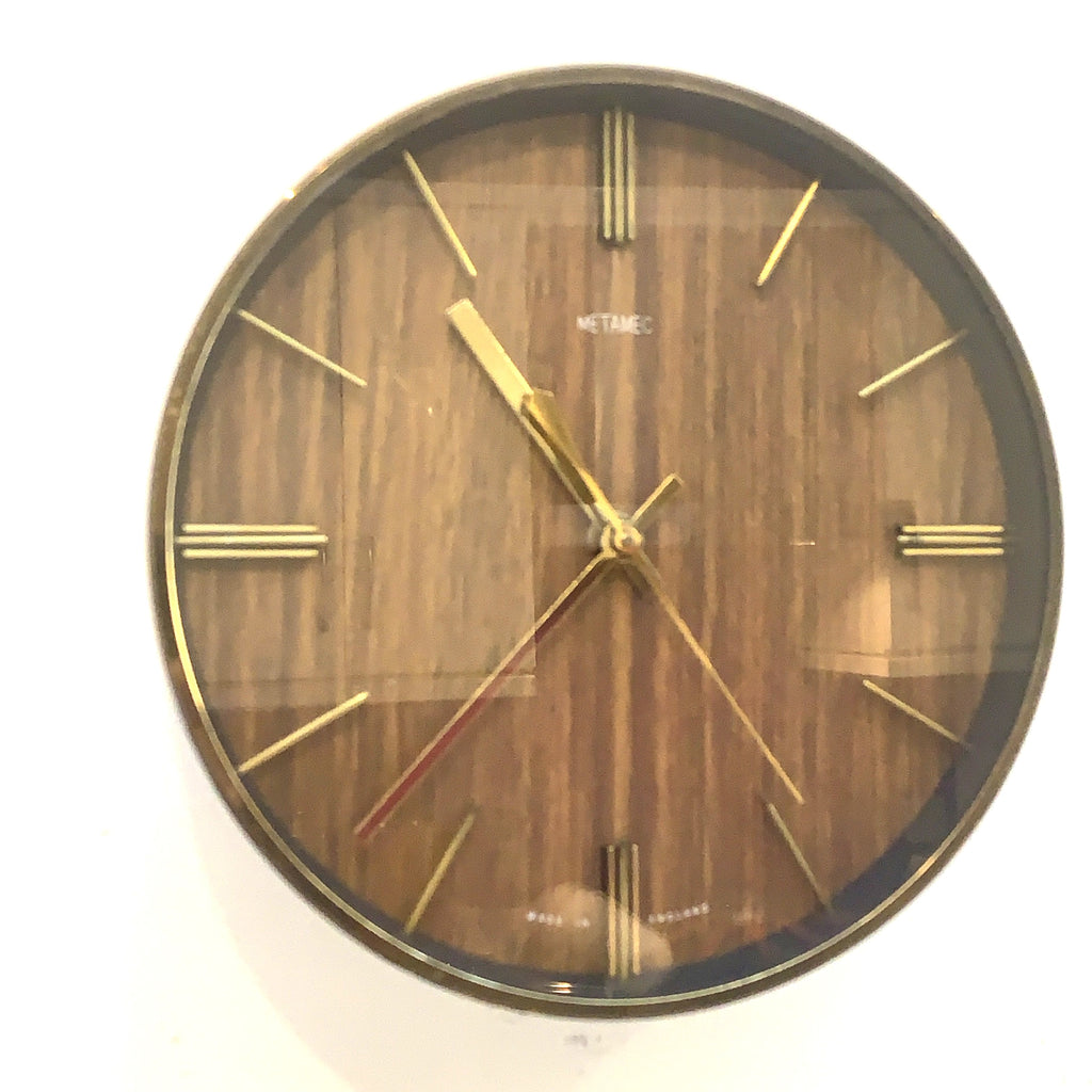 1970s Metamec Faux Teak Wall Clock, Brass Bezel, Minimalist Design, 20.5cm