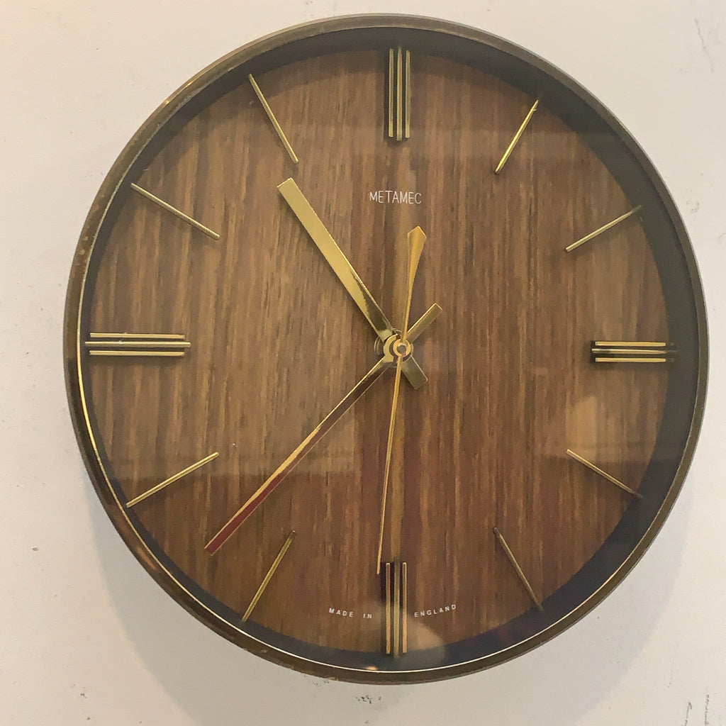 1970s Metamec Faux Teak Wall Clock, Brass Bezel, Minimalist Design, 20.5cm