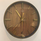 1970s Metamec Faux Teak Wall Clock, Brass Bezel, Minimalist Design, 20.5cm