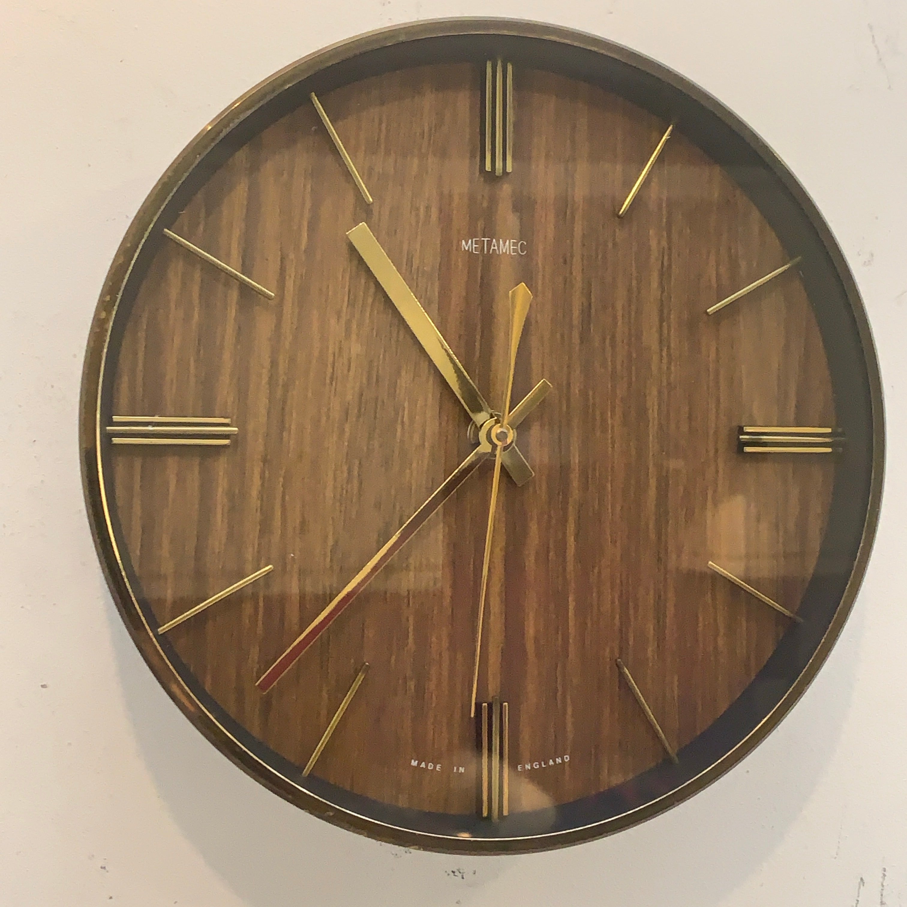 1970s Metamec Faux Teak Wall Clock, Brass Bezel, Minimalist Design, 20.5cm