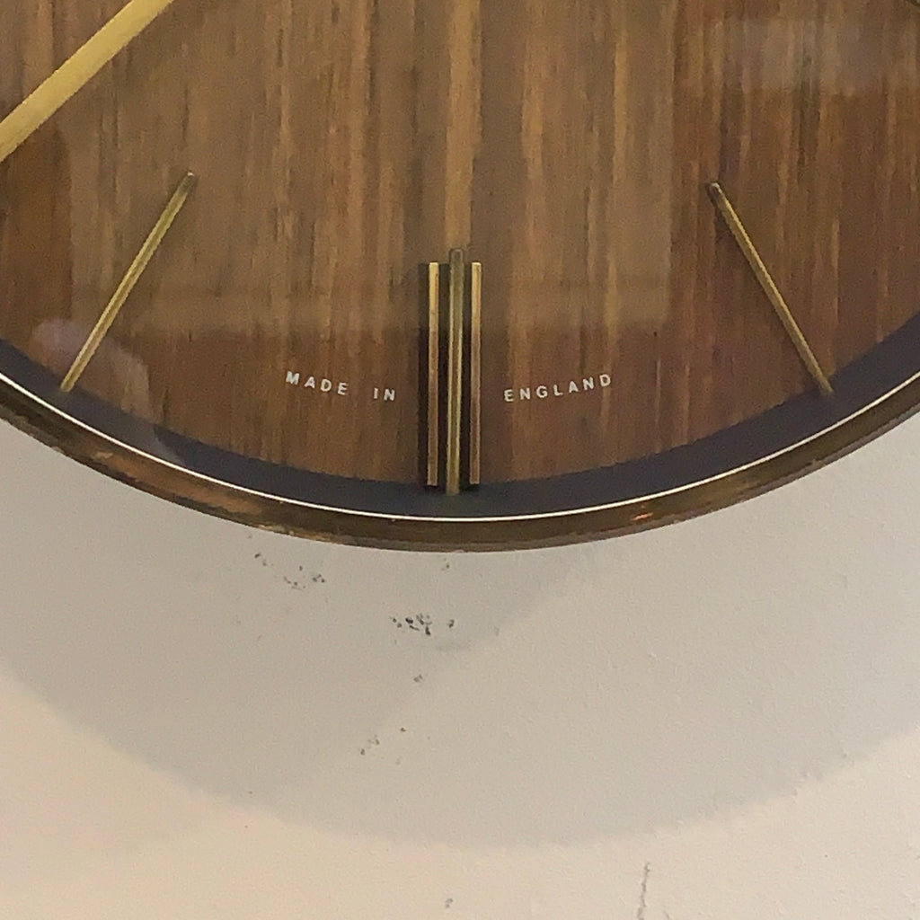 1970s Metamec Faux Teak Wall Clock, Brass Bezel, Minimalist Design, 20.5cm