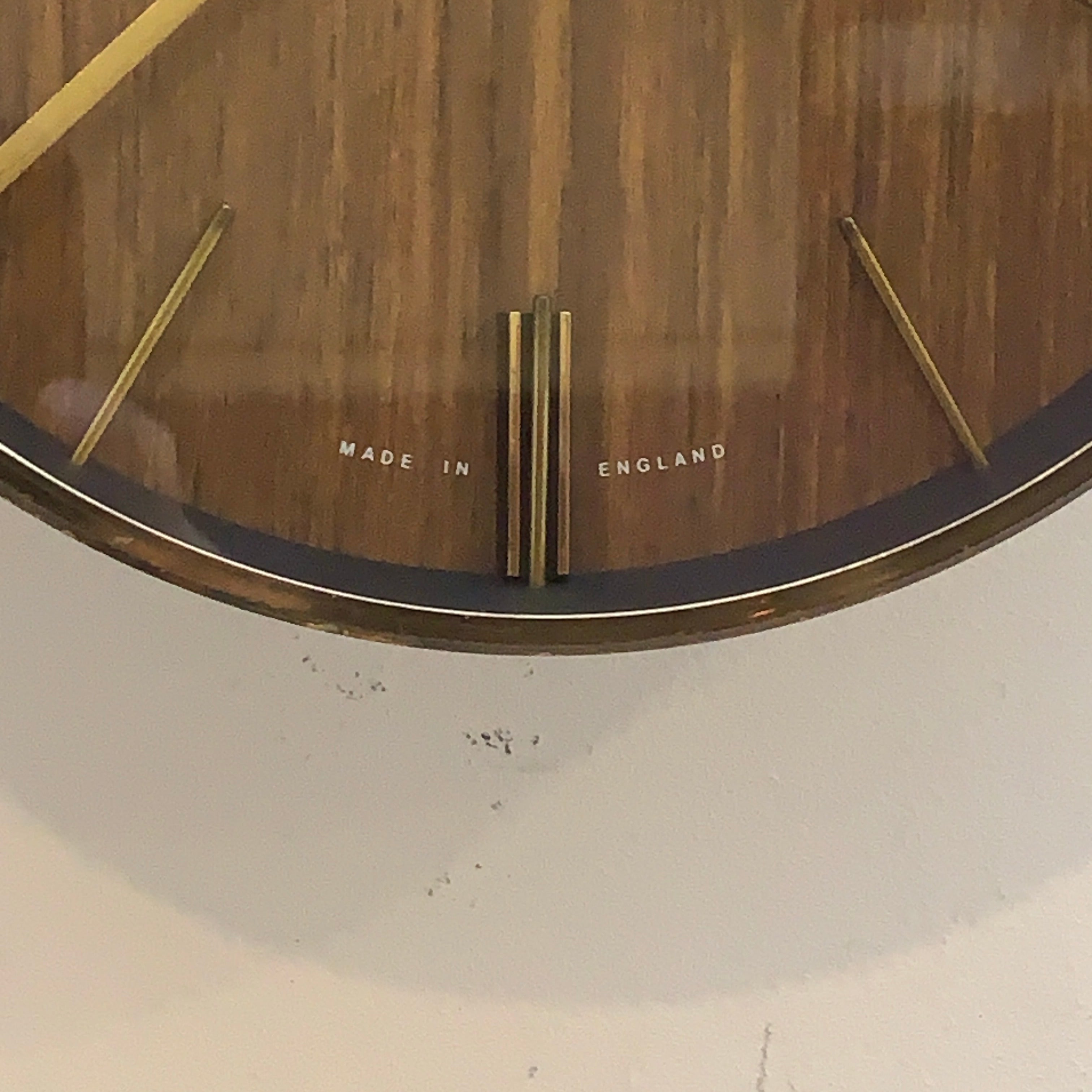 1970s Metamec Faux Teak Wall Clock, Brass Bezel, Minimalist Design, 20.5cm