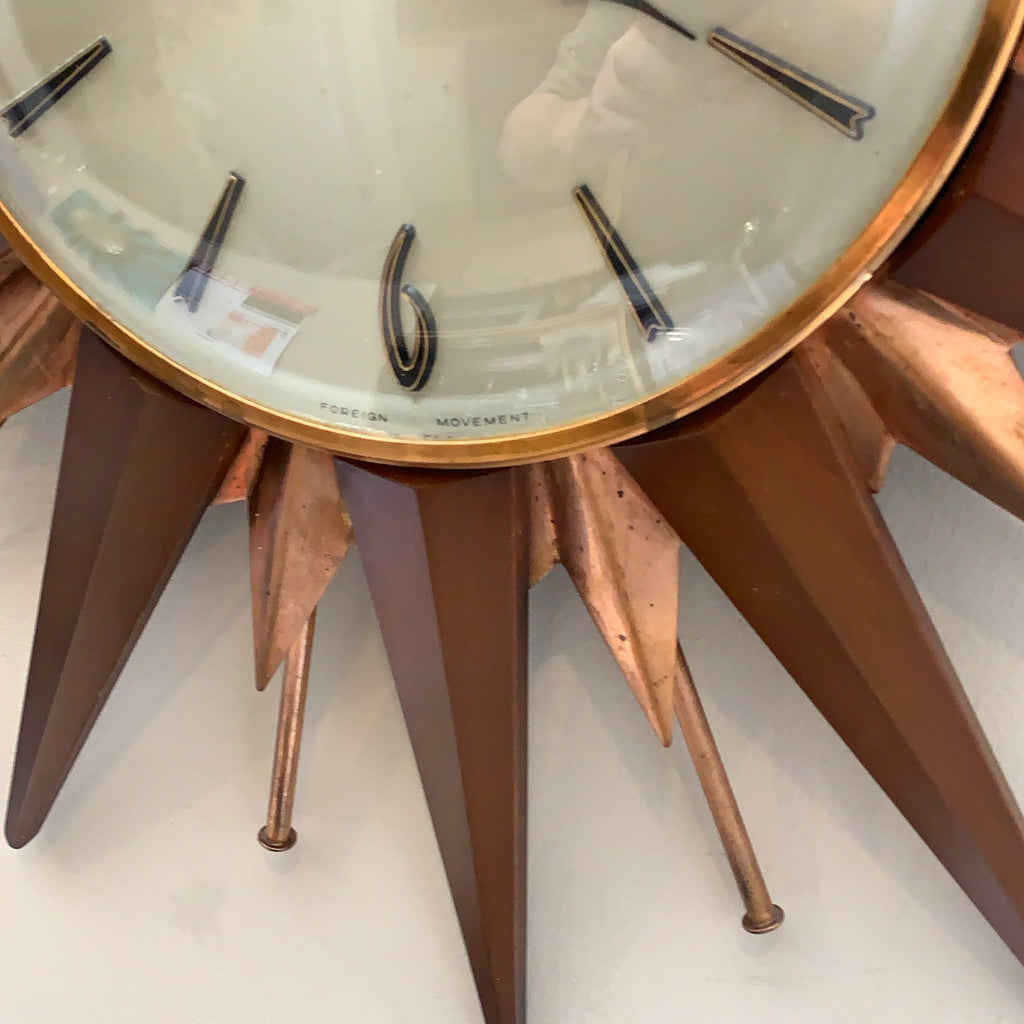 Metamec Sunburst Wall Clock, Model 5890 Copper Variant, 1960s Teak & Copper Starburst, 44cm, England