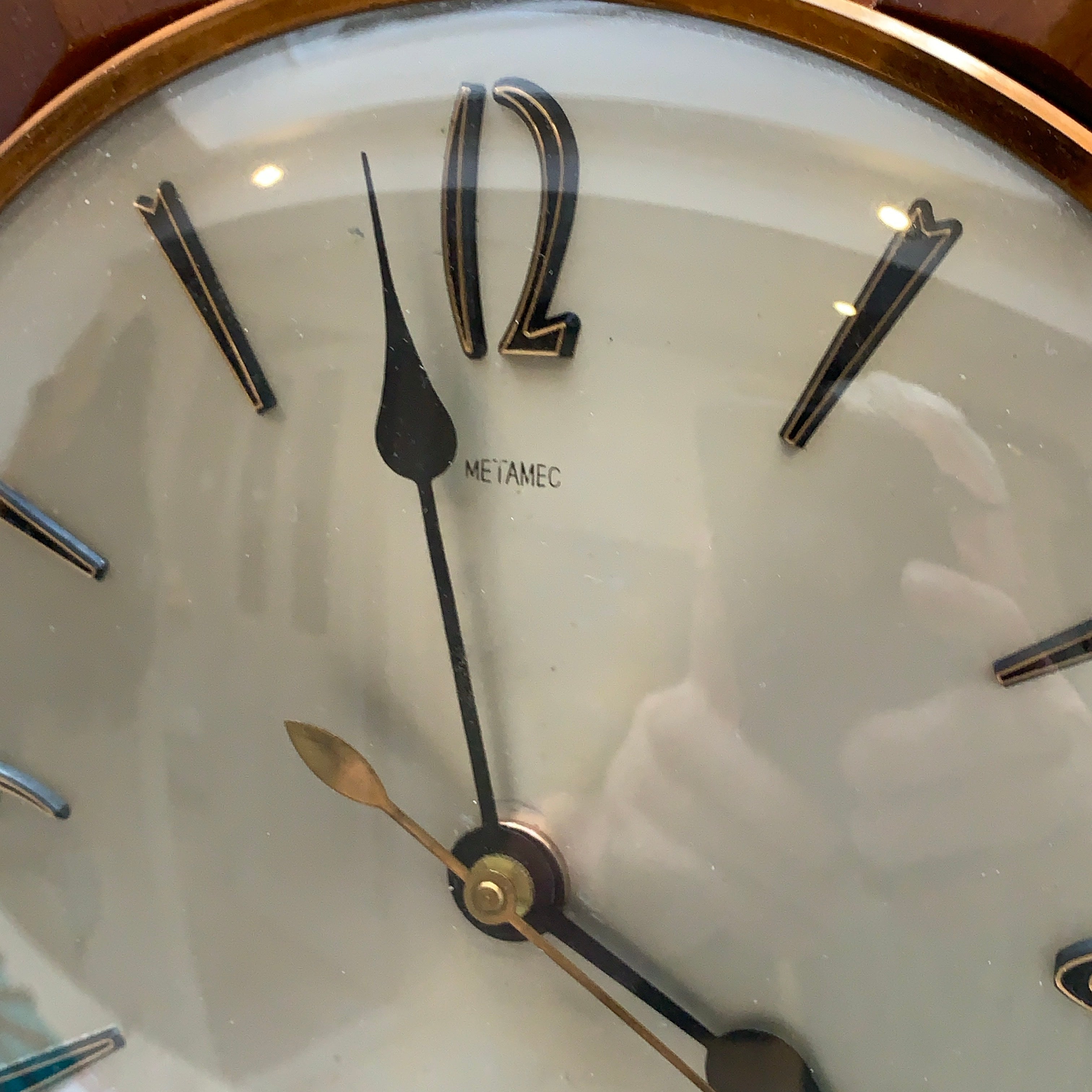 Metamec Sunburst Wall Clock, Model 5890 Copper Variant, 1960s Teak & Copper Starburst, 44cm, England
