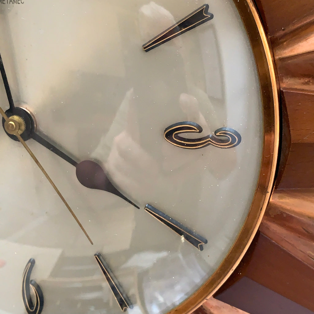 Metamec Sunburst Wall Clock, Model 5890 Copper Variant, 1960s Teak & Copper Starburst, 44cm, England