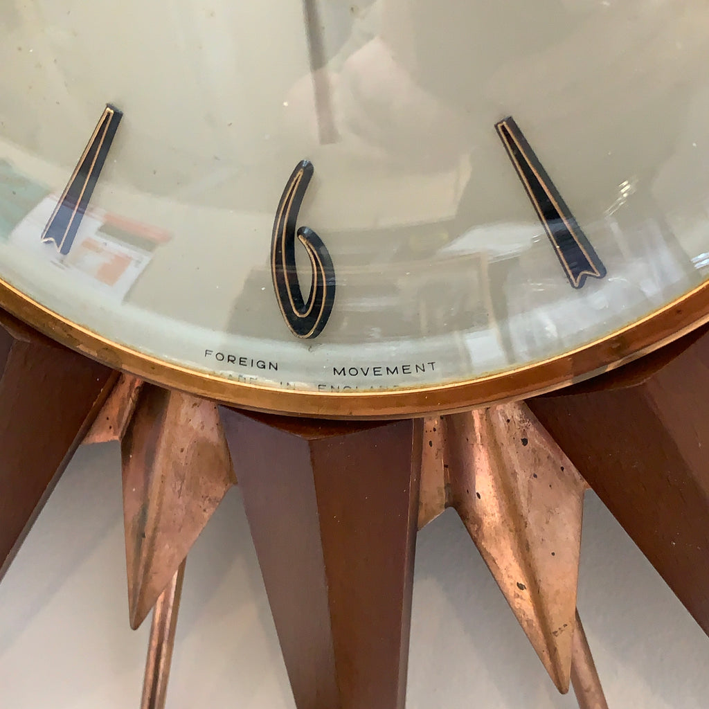 Metamec Sunburst Wall Clock, Model 5890 Copper Variant, 1960s Teak & Copper Starburst, 44cm, England