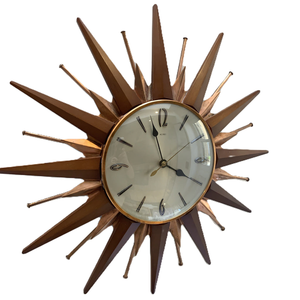 Metamec Sunburst Wall Clock, Model 5890 Copper Variant, 1960s Teak & Copper Starburst, 44cm, England