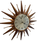 Metamec Sunburst Wall Clock, Model 5890 Copper Variant, 1960s Teak & Copper Starburst, 44cm, England