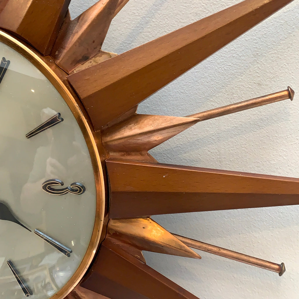 Metamec Sunburst Wall Clock, Model 5890 Copper Variant, 1960s Teak & Copper Starburst, 44cm, England
