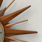 Metamec Sunburst Wall Clock, Model 5890 Copper Variant, 1960s Teak & Copper Starburst, 44cm, England