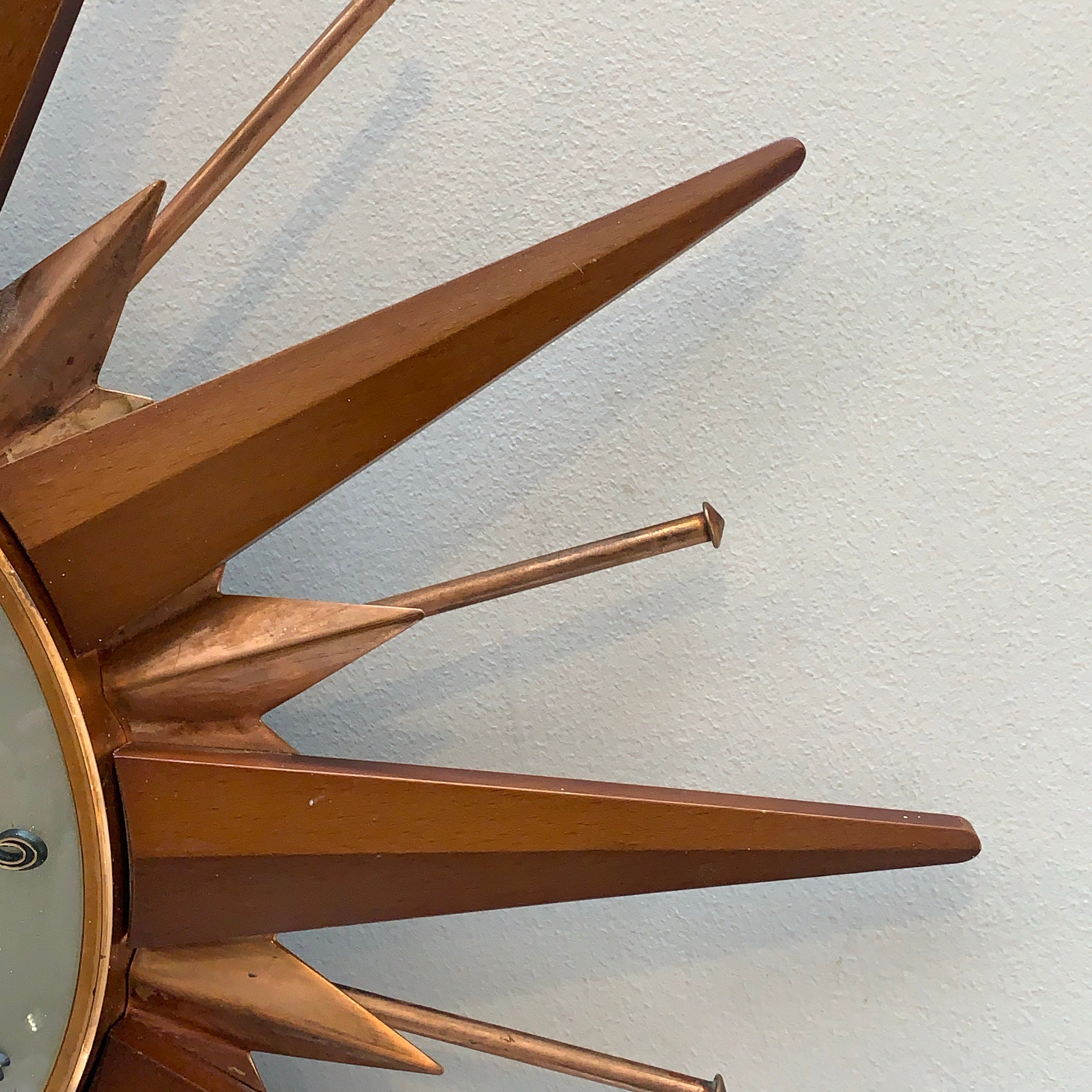 Metamec Sunburst Wall Clock, Model 5890 Copper Variant, 1960s Teak & Copper Starburst, 44cm, England