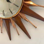 Metamec Sunburst Wall Clock, Model 5890 Copper Variant, 1960s Teak & Copper Starburst, 44cm, England