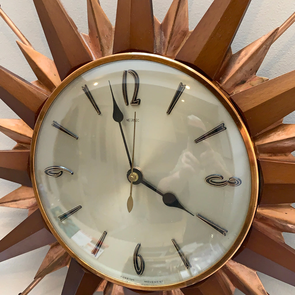 Metamec Sunburst Wall Clock, Model 5890 Copper Variant, 1960s Teak & Copper Starburst, 44cm, England