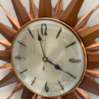 Metamec Sunburst Wall Clock, Model 5890 Copper Variant, 1960s Teak & Copper Starburst, 44cm, England