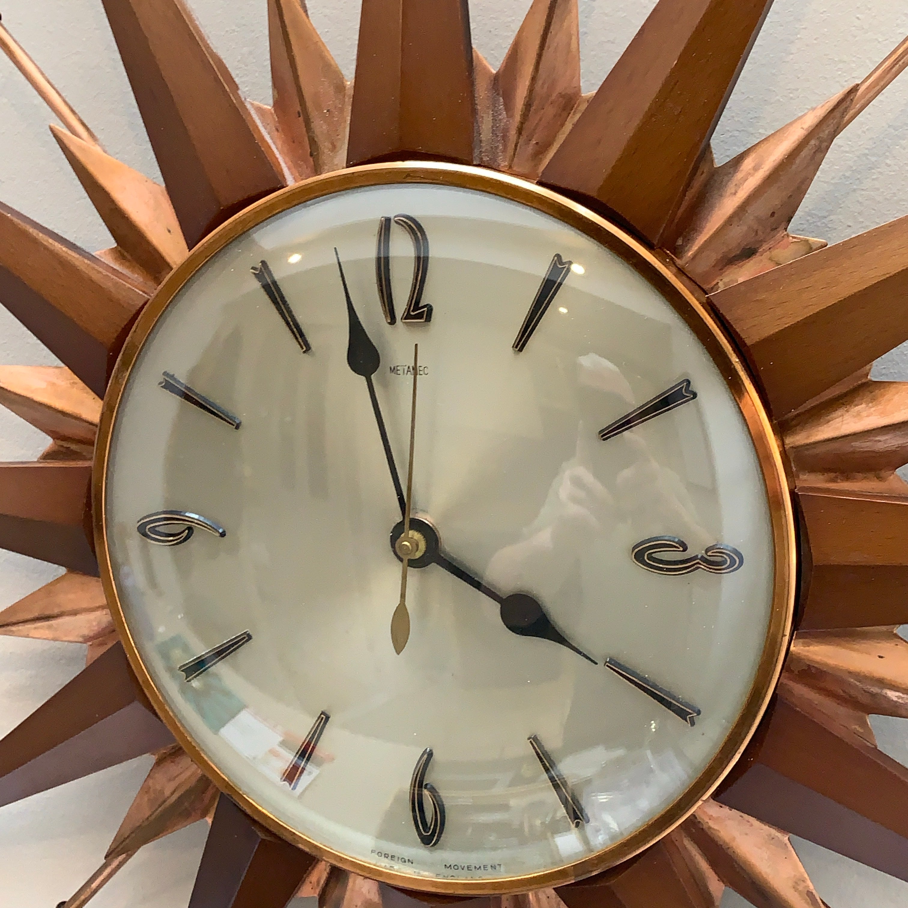 Metamec Sunburst Wall Clock, Model 5890 Copper Variant, 1960s Teak & Copper Starburst, 44cm, England