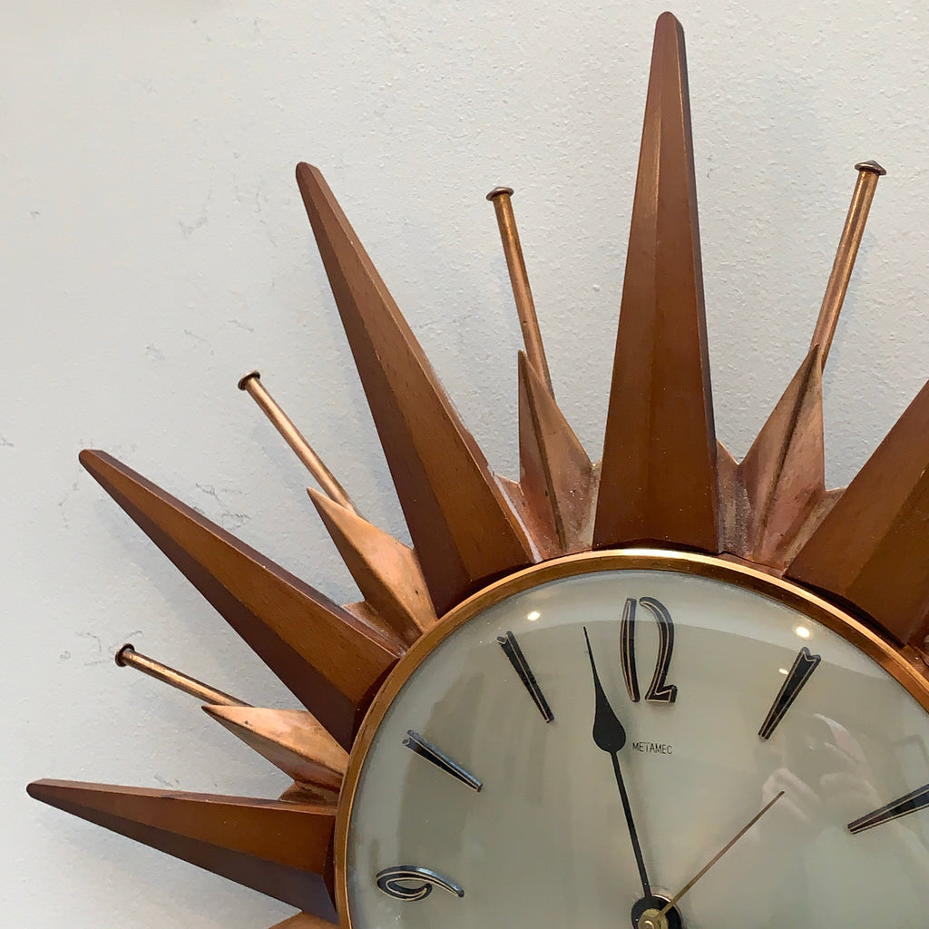 Metamec Sunburst Wall Clock, Model 5890 Copper Variant, 1960s Teak & Copper Starburst, 44cm, England