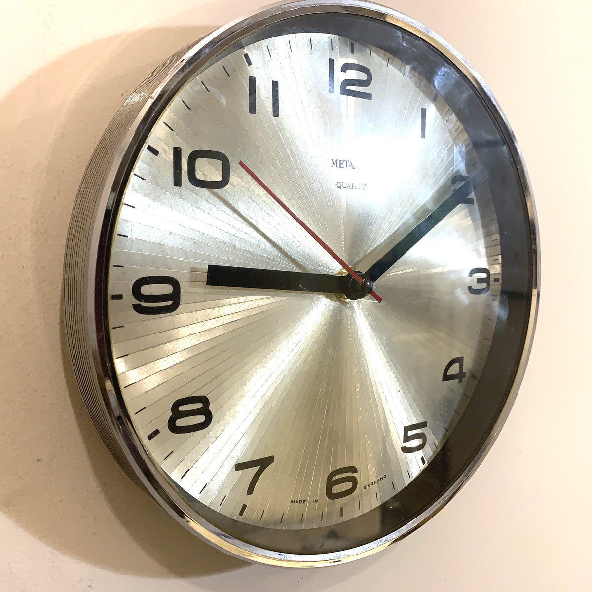 Metamec 4640 Wall Clock, 1979, Silver Sunburst Dial, Chrome Bezel, Quartz, Made in England