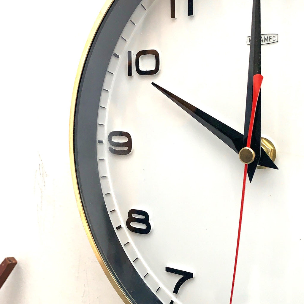Metamec 5601 Wall Clock — White Bakelite, Solid Brass Bezel, 1960s