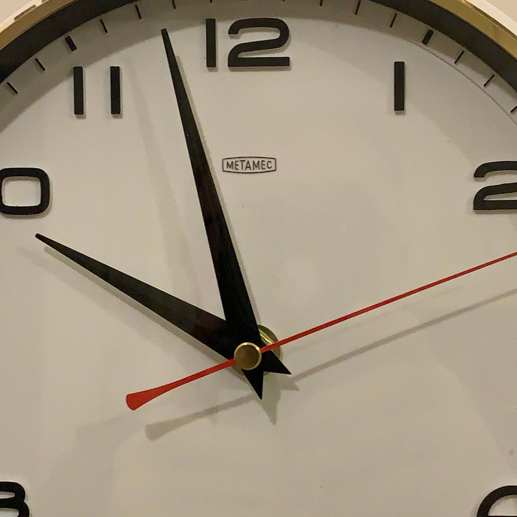 Metamec 5601 Wall Clock — White Bakelite, Solid Brass Bezel, 1960s
