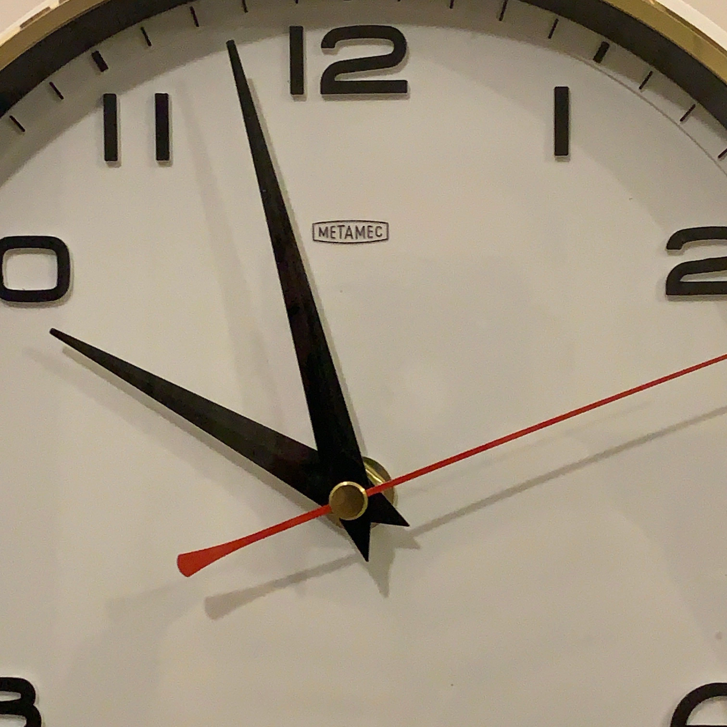 Metamec 5601 Wall Clock — White Bakelite, Solid Brass Bezel, 1960s