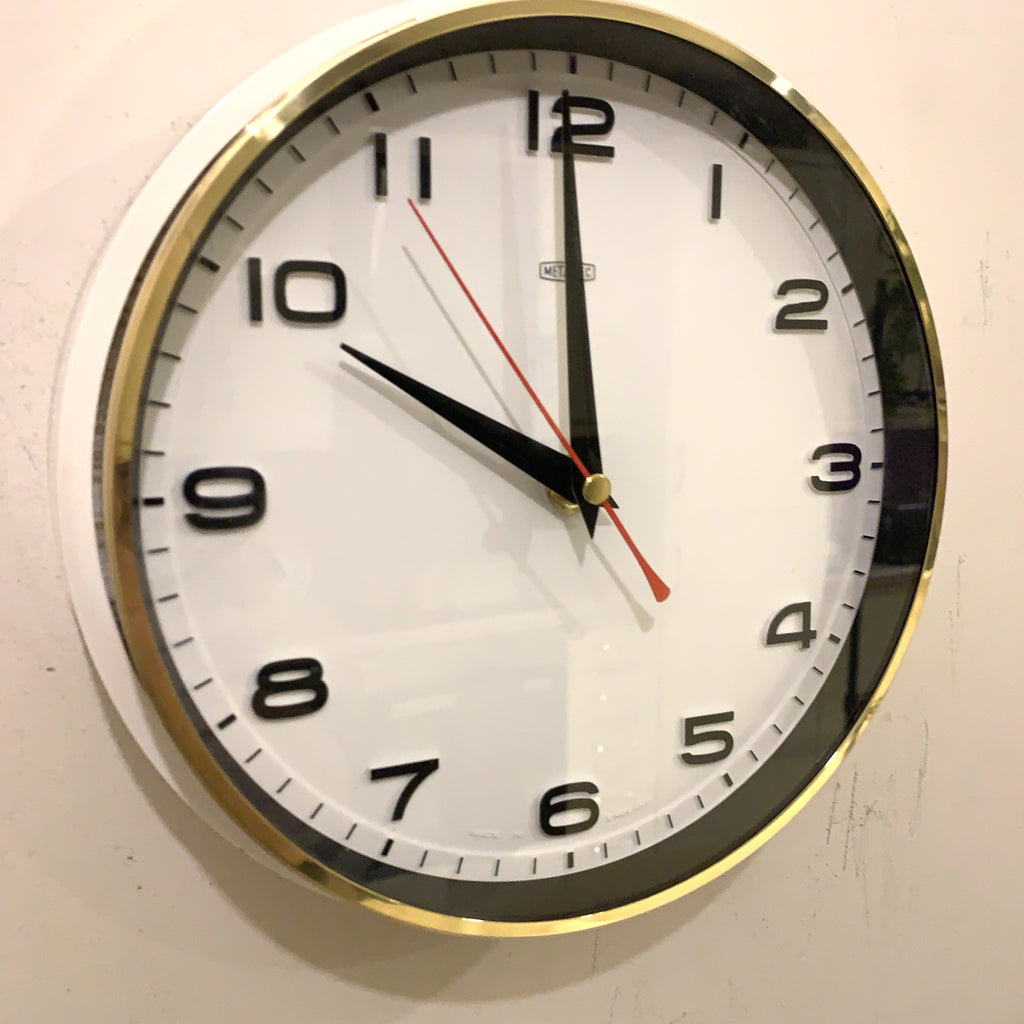 Metamec 5601 Wall Clock — White Bakelite, Solid Brass Bezel, 1960s