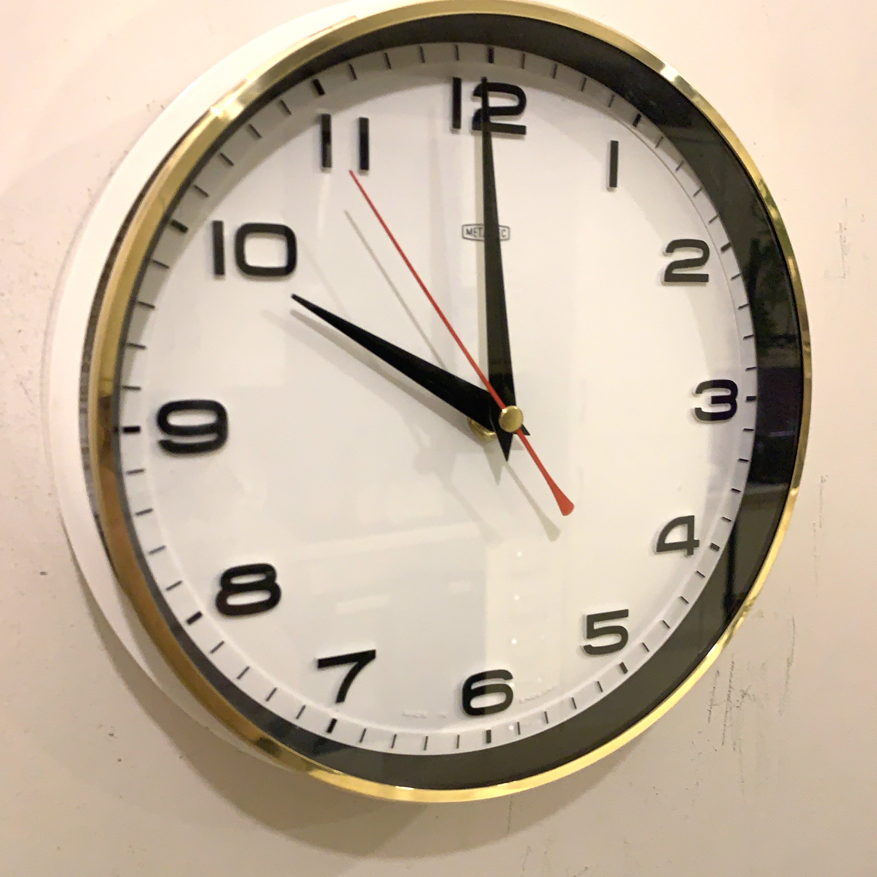 Metamec 5601 Wall Clock — White Bakelite, Solid Brass Bezel, 1960s