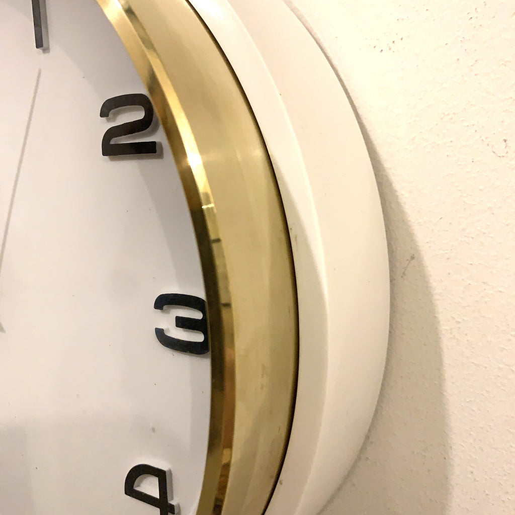Metamec 5601 Wall Clock — White Bakelite, Solid Brass Bezel, 1960s
