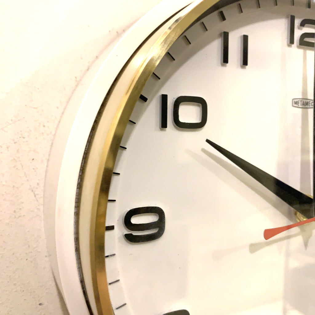 Metamec 5601 Wall Clock — White Bakelite, Solid Brass Bezel, 1960s