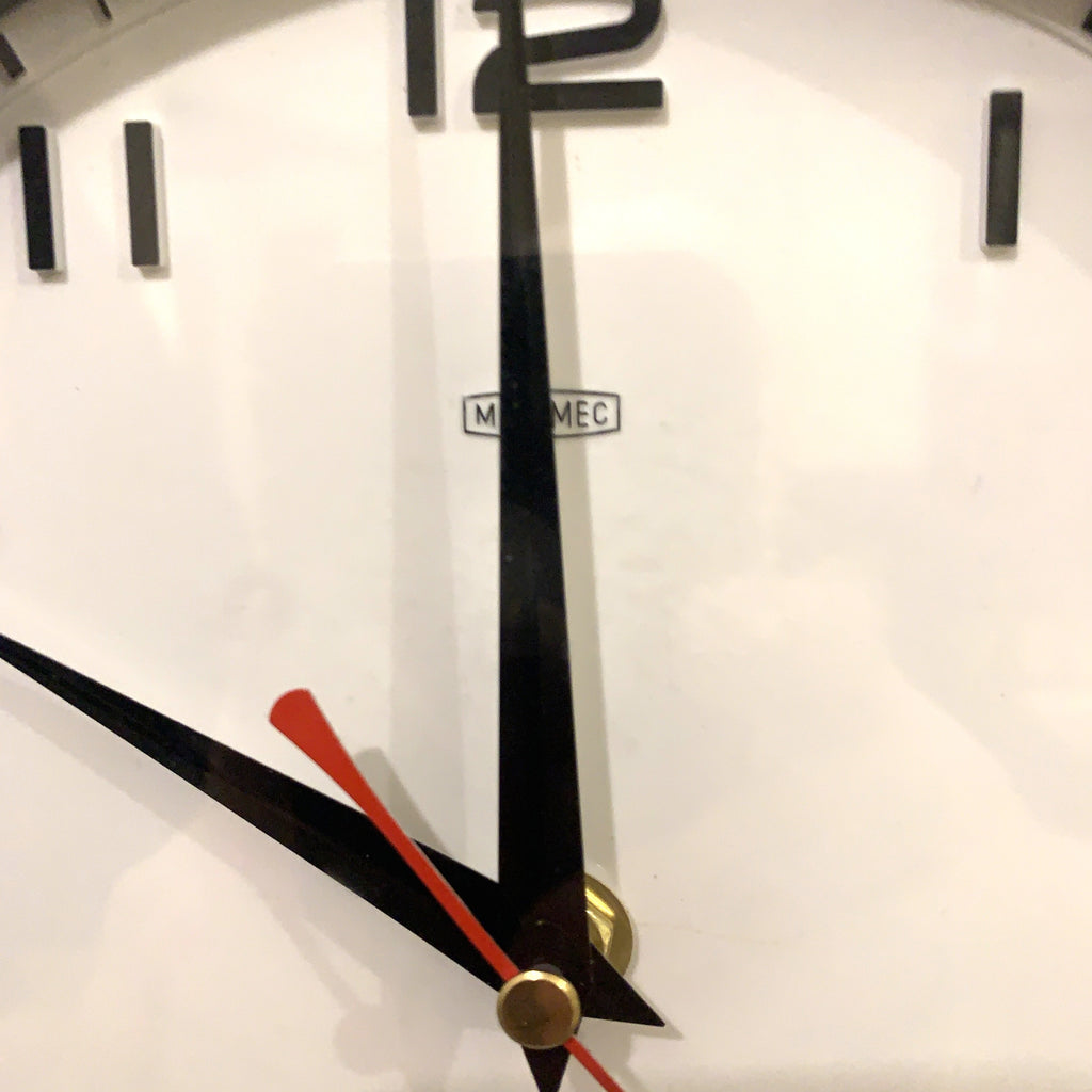 Metamec 5601 Wall Clock — White Bakelite, Solid Brass Bezel, 1960s
